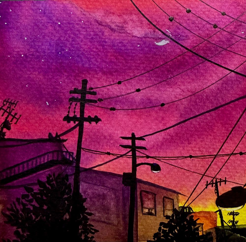 Watercolor painting of buildings, power lines and streetlights with violet and fuchsia sky. A bright yellow glow is in the distance on the lower right. 