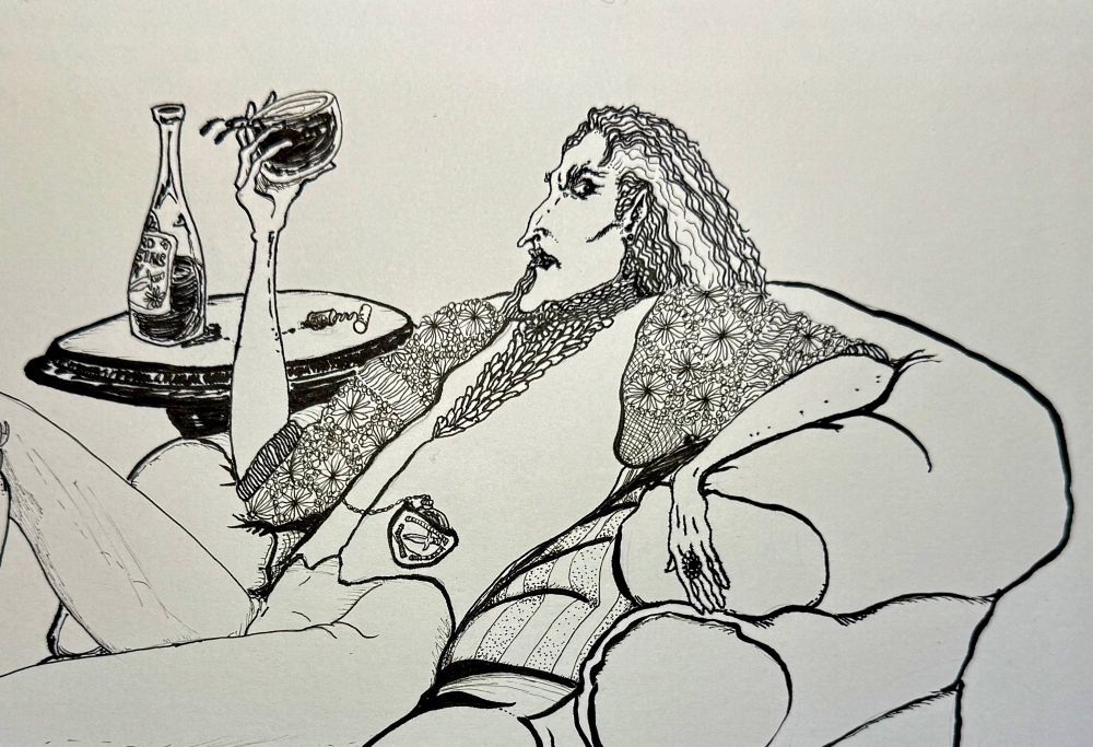 Pen and ink illustration of a thin and spiky man (maybe he’s a vampire) sitting in a plush chair wearing a floral print ruffled shirt with a vest and breeches. His expression is angry and annoyed.