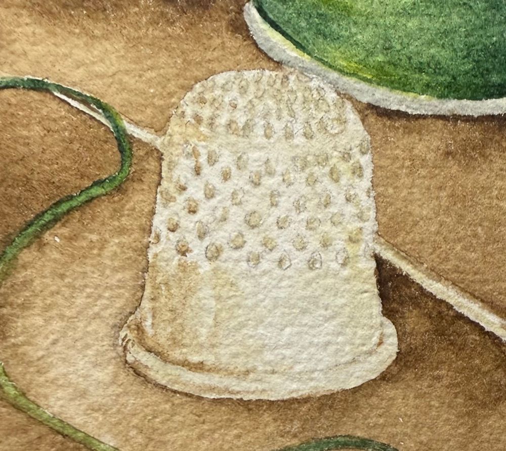 Watercolor of a thimble and needle with a part of a spool of green thread in the upper right corner and a thread of green looped along the lower left corner. 