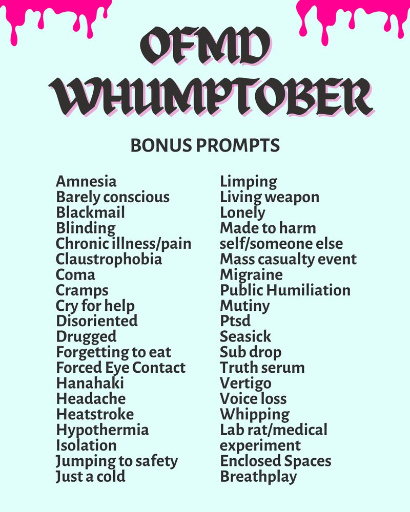 Bonus prompts: 

Amnesia
Barely conscious
Blackmail
Blinding
Chronic illness/pain
Claustrophobia
Coma
Cramps
Cry for help
Disoriented
Drugged
Forgetting to eat
Hanahaki
Heatstroke
Hypothermia
Isolation
Jumping to safety
Just a cold
Lab rat/medical experiment 
Limping
Living weapon
Lonely
Made to harm self/someone else
Mass casualty event
Migraine
Mutiny
Ptsd
Seasick
Sub drop
Truth serum
Vertigo
Voice loss
Whipping
Enclosed spaces
Breathplay
Public humiliation


