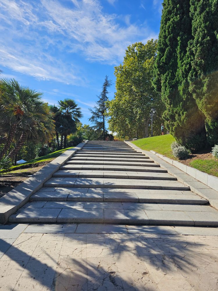 Stairs near the temple Debod leading up in a park with trees