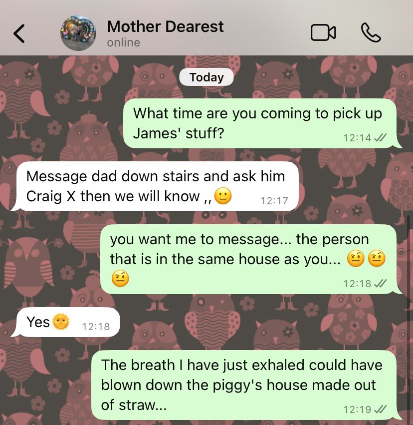 Text thread from my mother. Me: what time are you coming to pick up James' stuff? Mother: message dad down stairs and ask him Craig X then we will know. Me: you want me to message the person that is in the same house as you. Mother: yes. Me: the breath I have just exhaled could have blown down the piggy's house made out of straw. 