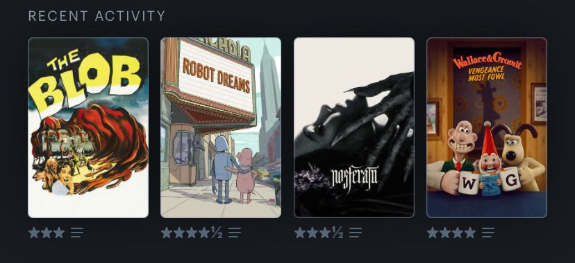 Screengrab of the last four movies I've watched and recorded on the Letterbox app. The movies are 'The Blob' 1958, 'Robot Dreams' 2023, 'Nosferatu' 2024, and 'Wallace and Gromit: Vengeance Most Fowl' 2024.