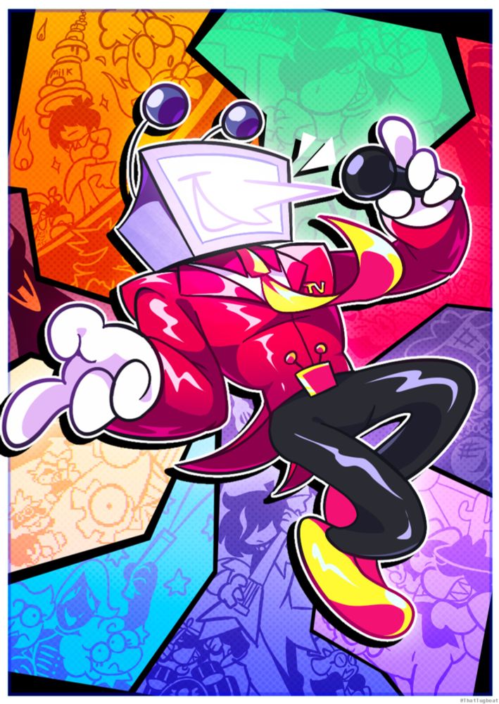 Tenna from Deltarune in front of a colourful background representing the events of Deltarune Chapter 3.