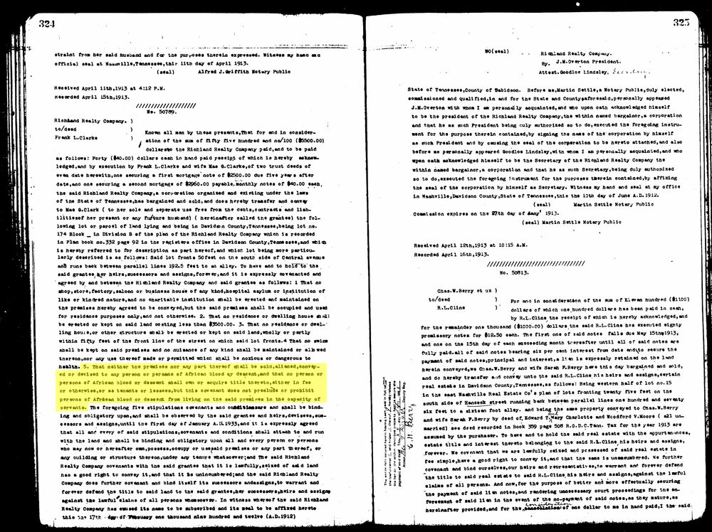 The restrictive covenants referenced in "A Short History of Richland-West End" also included the following clause:

5. That neither the premises nor any part thereof shall be sold, aliened, conveyed or devised to any person or persons of African blood or descent, and that no person or persons of African blood or descent shall own or acquire title thereto, either in fee or otherwise, or as tenants or lessees, but this covenant does not preclude or prohibit persons of African blood or descent from living on the premises in the capacity of servants.

As the MHZC overlay literature references verbatim other restrictions—such as the preceding clause, that "no swine shall be kept on the premises"—the omission of the racial restriction is illuminating.