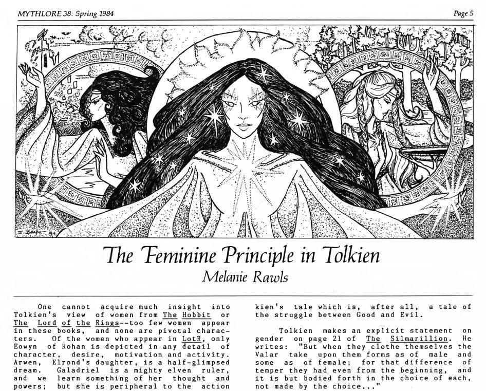The article "The Feminine Principle in Tolkien" by Melanie Rawls, published in Mythlore 38 (Spring 1984). Above the title and author, a pen-and-ink drawing depicts three powerful women from Tolkien's mythology.