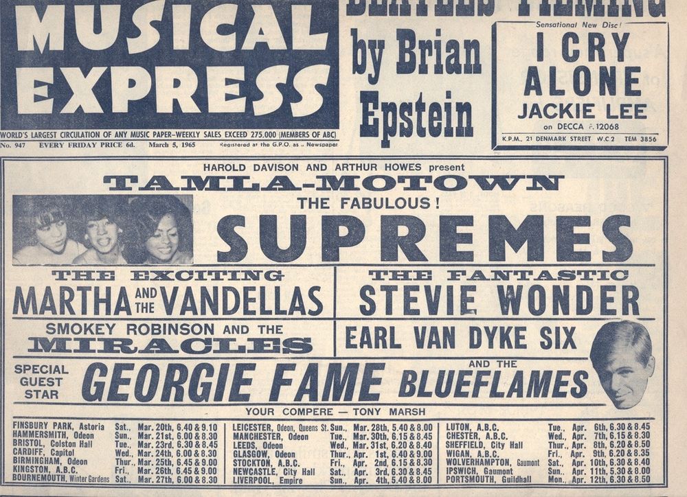 NME from 1965 with tour dates for Tamla Motown UK tour. 