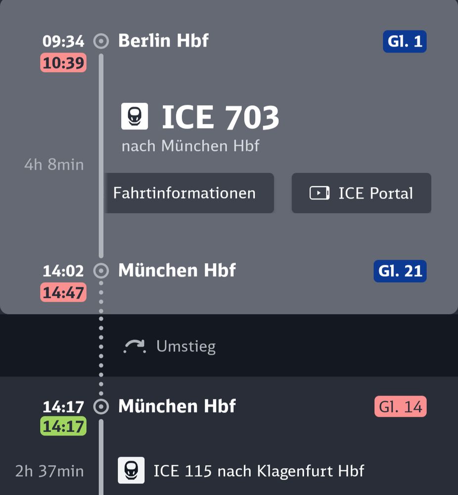 Screenshot des DB Navigators. Der gezeigte Zug hat 65 Minuten Verspätung.