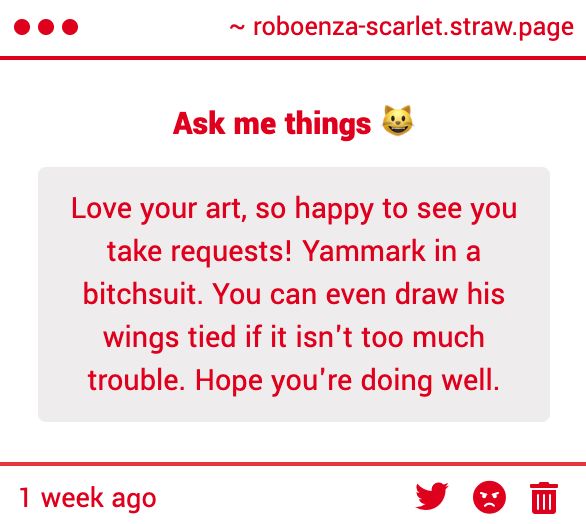 Love your art, so happy to see you take requests! Yammark in a bitchsuit. You can even draw his wings tied if it isn't too much trouble. Hope you're doing well.