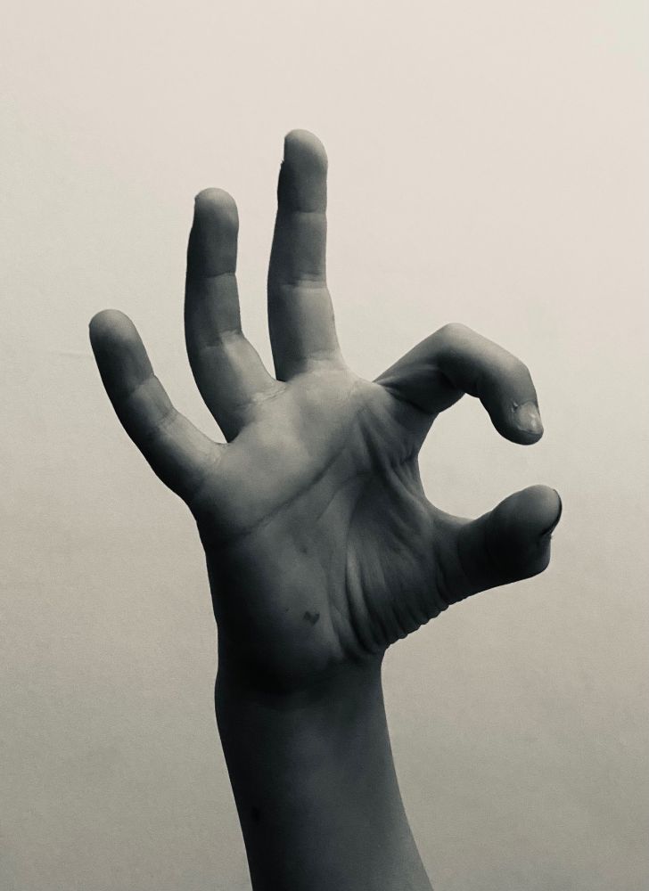 Nahaufnahme einer rechten Hand, die das Gebärdenzeichen für "WC" zeigt. Daumen und Zeigefinger bilden das C, die restlichen Finger aufgestellt das W. Schwarz-weiß.