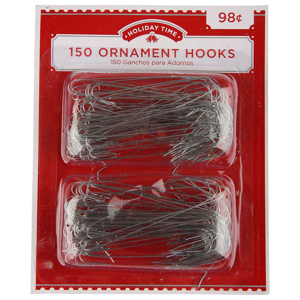 A pack of 150 silver wire ornament hooks. For a whole 98 US cents.