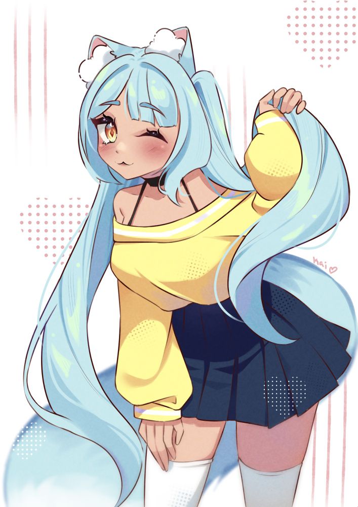 Blue haired cat girl with long pigtails. Yellow sweater and dark blue skirt for clothing