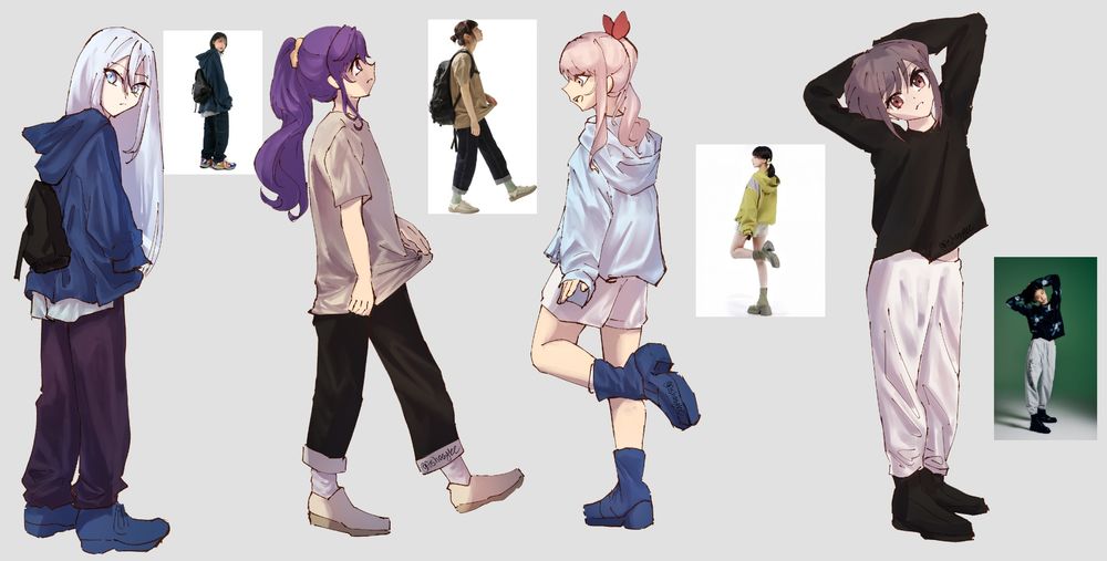 Members of nightcord in causal clothing. Kanade in loose blue hoodie and dark purple sweatpants. Mafuyu in a large t shirt and cuffed black jeans. Mizuki in light blue hoodie and white shirts. Ena in black sweater and white sweatpants. 