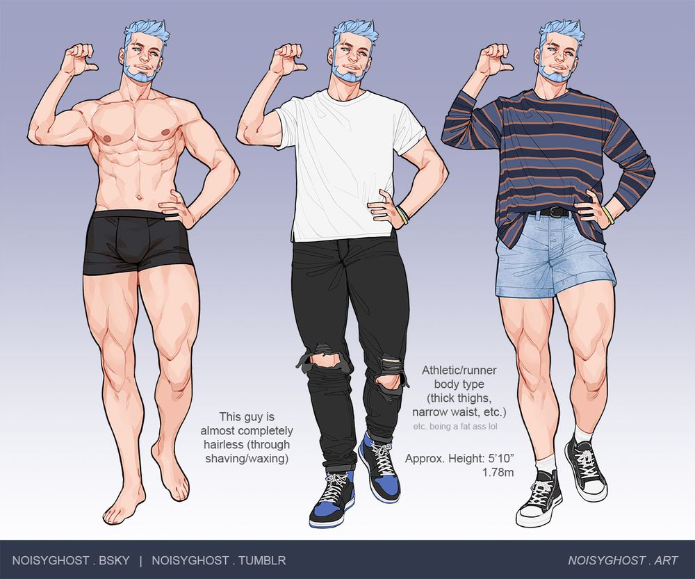 three side by side drawings of a human man in a reference sheet format; one drawing is a plain, nearly nude base drawing. the other two drawings are clothed, one in jeans and a t-shirt, the other in shorts and a sweater.