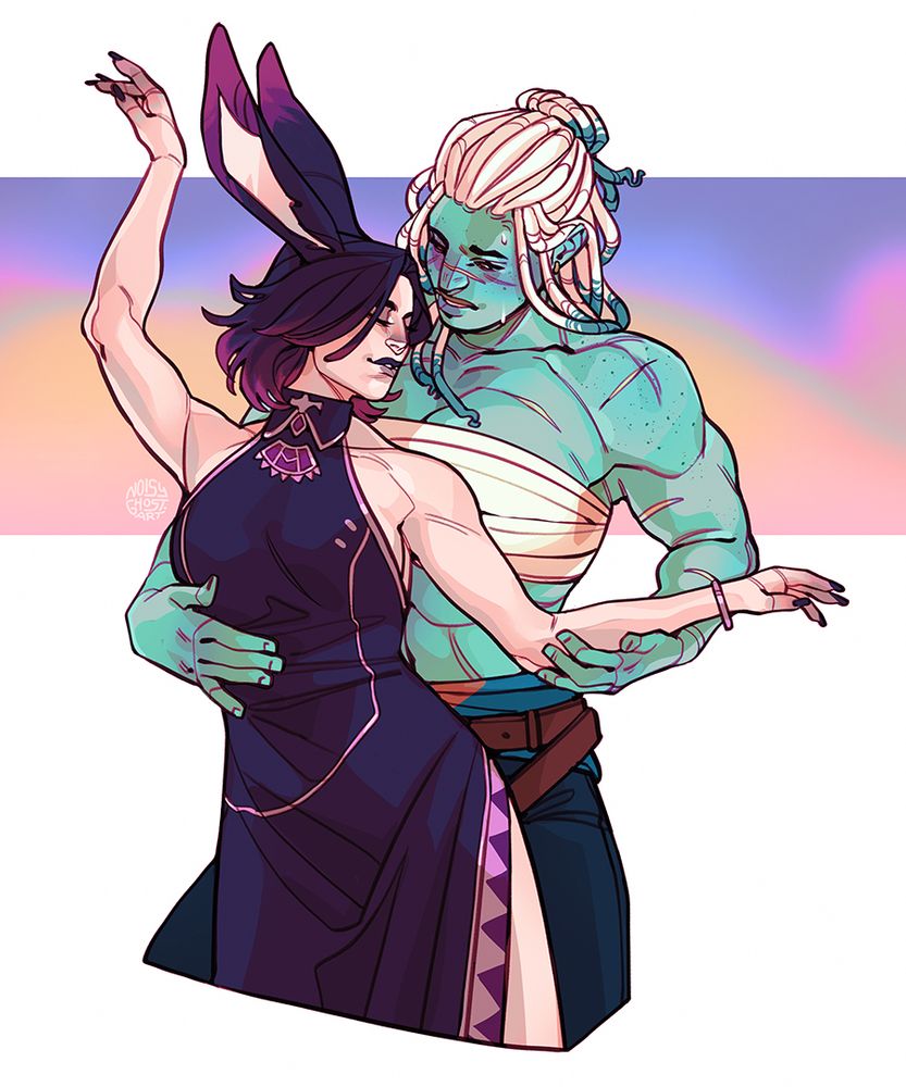 drawing of a greenskinned roegadyn woman (a race from final fantasy 14) standing behind a shorter black-haired viera woman (a bunny race from final fantasy 14). the viera appears to be initiating a kind of dance that is flustering the roe woman. 