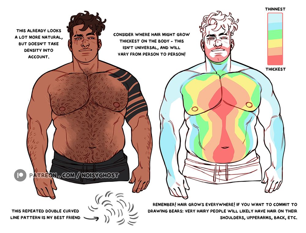 two drawings of the same shirtless man, side by side. the one on the left is flat colored, while the one on the right is a kind of topographical map of body hair distribution. The text on the image reads: this already looks a lot more natural, but doesn't take density into account. Consider where hair might grow thickets on the body - this isn't universal, and will vary from person to person! This repeated double curved line pattern is my best friend. Remember! Hair grows everywhere! If you want to commit to drawing bears: very hairy people will likely have hair on their shoulders, upper arms, back, etc.