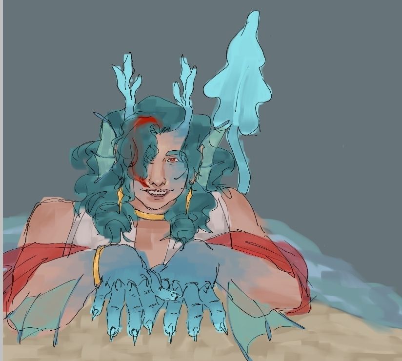 my design of smajor's skin in limited life leaning on the sand, climbing out of the water with a grin on his face