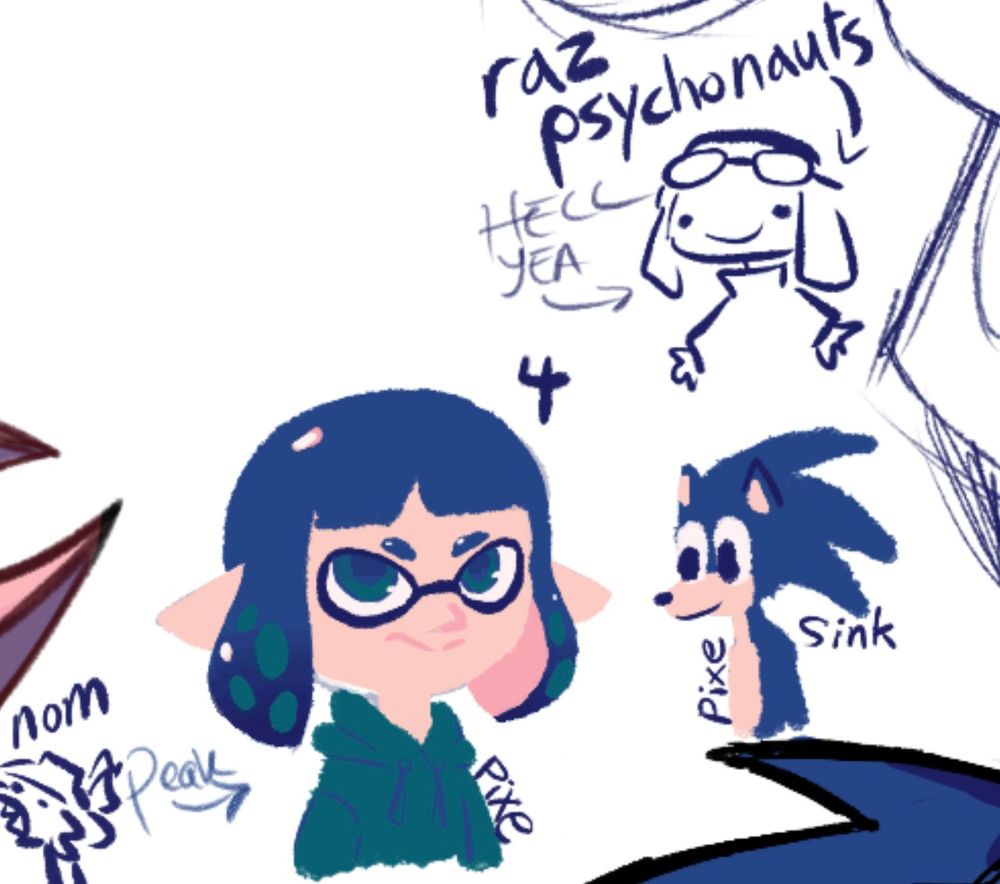 Doodles of agent 4 in casual clothing, sonic (or sink), and raz psychonauts