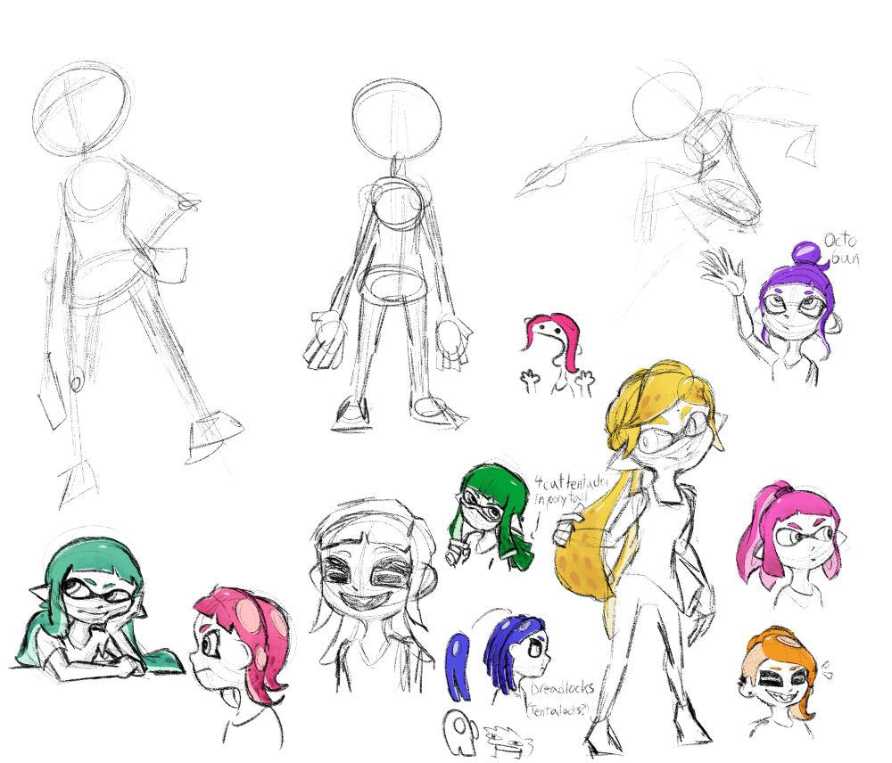 Various sketches of inklings and octolings, primarily to brainstorm new hairstyles

Also a couple crappy pose sketches

I’m most proud of the agent 3-esque inkling in the bottom left tbh

Feel free to snatch any of these ideas I don’t mind :D