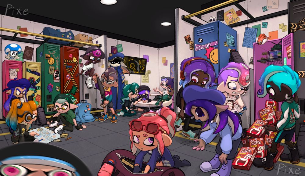 A bunch of inkfish hanging out in the locker room before a match, with a couple non-splatoon characters here and there somehow