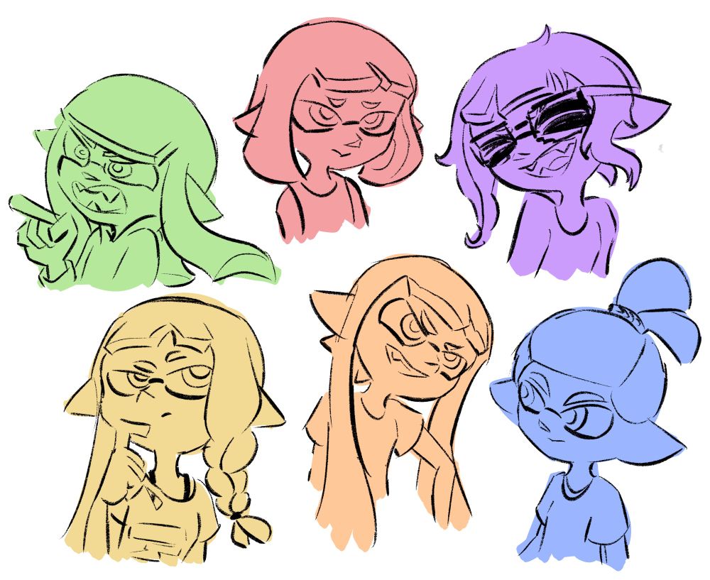 Drawings of six inklings making different expressions, all but one of them resembling a promo kid