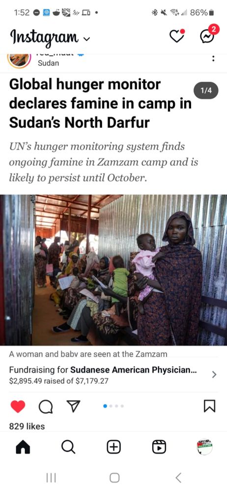 A post on Instagram that says "Global hunger monitor declares famine in camp in Sudan's North Darfur UN's hunger monitoring system finds ongoing famine in Zamzam camp and is likely to persist until October."