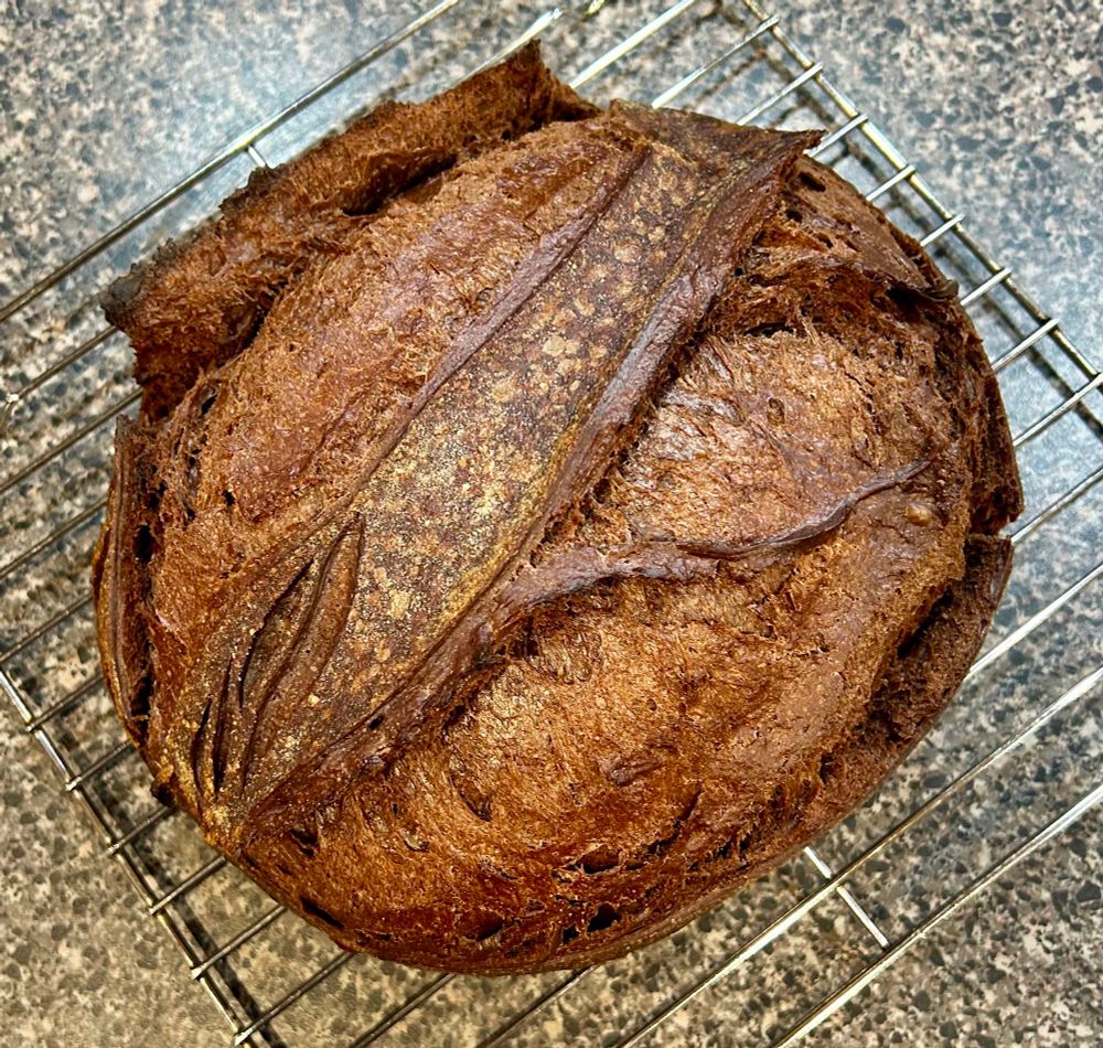 Chocolate sourdough on a cooling rack