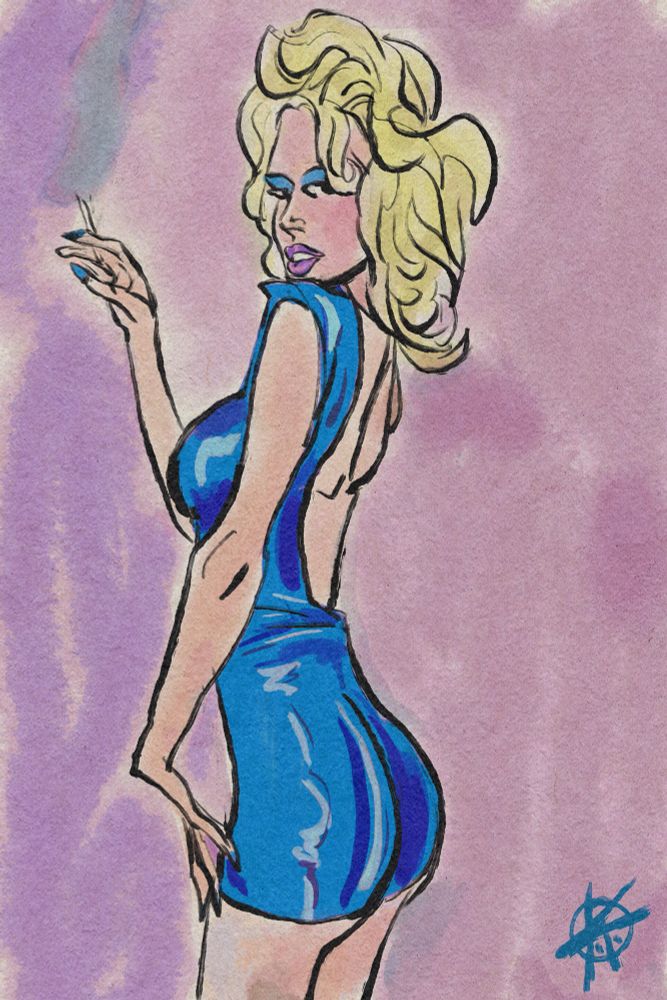Coloured drawing of a "devil w/ a blue dress on"