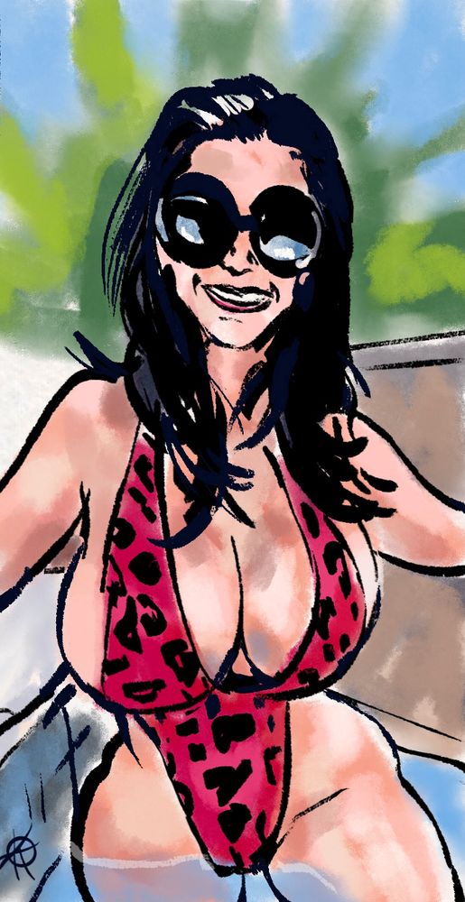 Colour drawing of a buxom woman in a red tiger print one piece bathing suit.