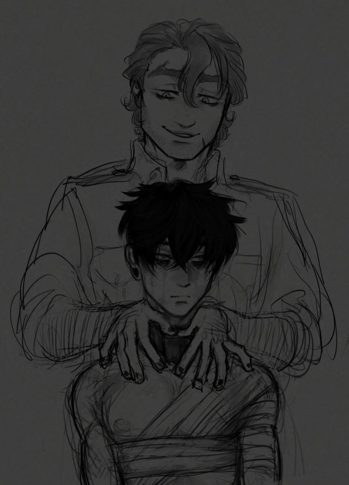 Strade behind Lars (OC) putting on a metallic collar.