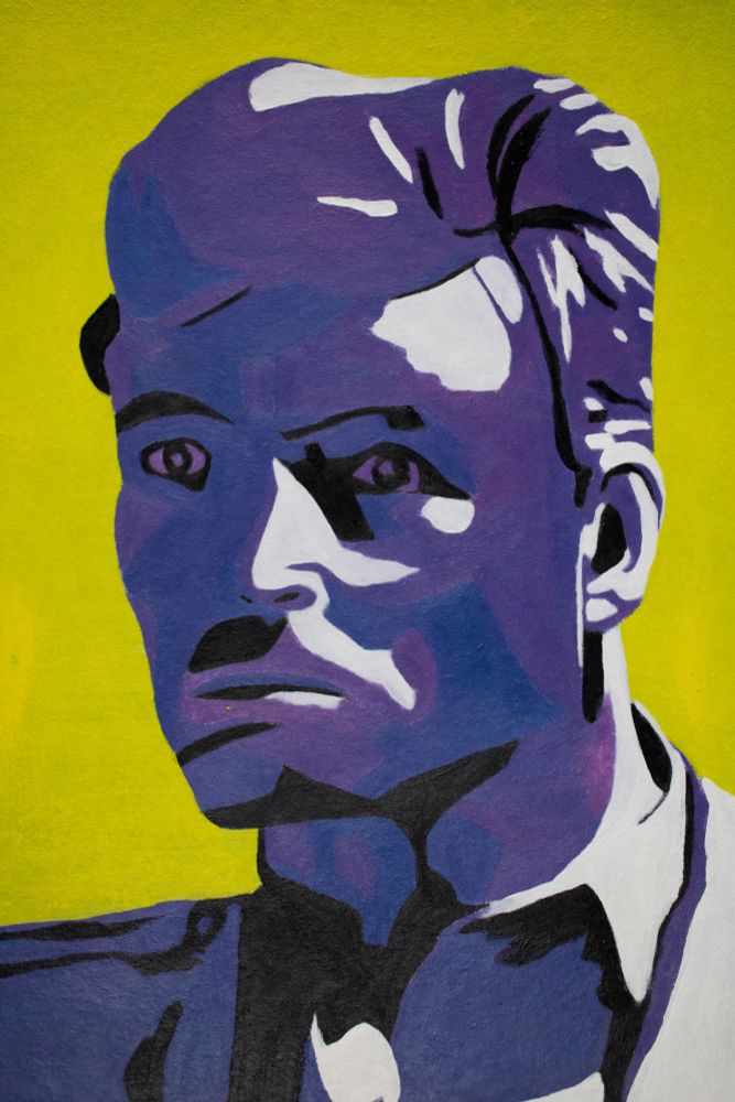 Painting of a purple man looking slightly disturbed on a yellow background