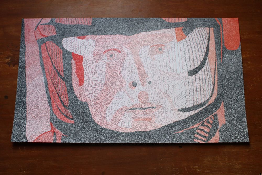 Drawing based on a screenshot from the movie 2001: A Space Odyssey. It shows the head of the main character wearing a space helmet. The drawing is made up of dots and shades of red.