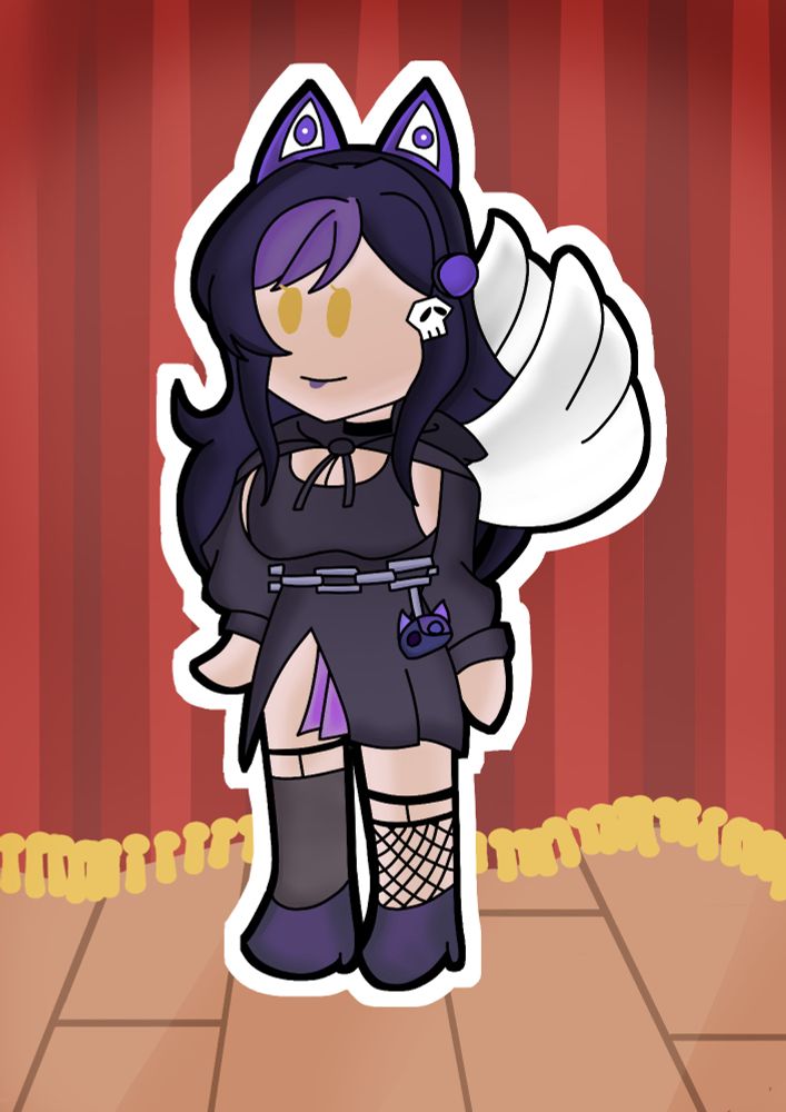 Drawing of Vtuber ParaNorma with wings in a Paper Mario style standing on a stage with a drawn curtain.
