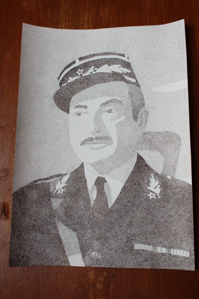 Black and white drawing based on a screenshot from the movie Casablanca. It shows a man with a mustache wearing a french police uniform. The drawing is made up of dots.