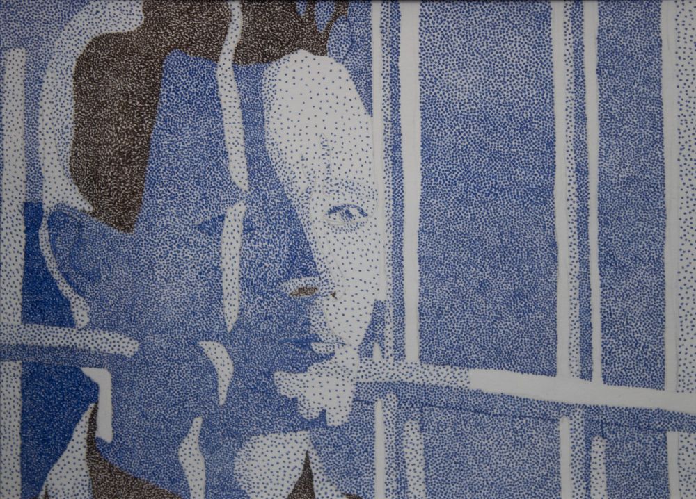 Drawing based on a screenshot from the movie Terminator 2. It shows a the head of a man between metal bars. The drawing is made up of dots and shades of blue.
