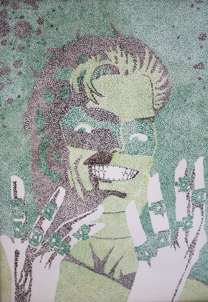 Redraw of the superhero Green Lantern Hal Jordan wearing multiple Green Lantern rings whilst having an evil grin based on the cover of the comic Emerald Twilight. The redraw is made up of dots and shades of green.