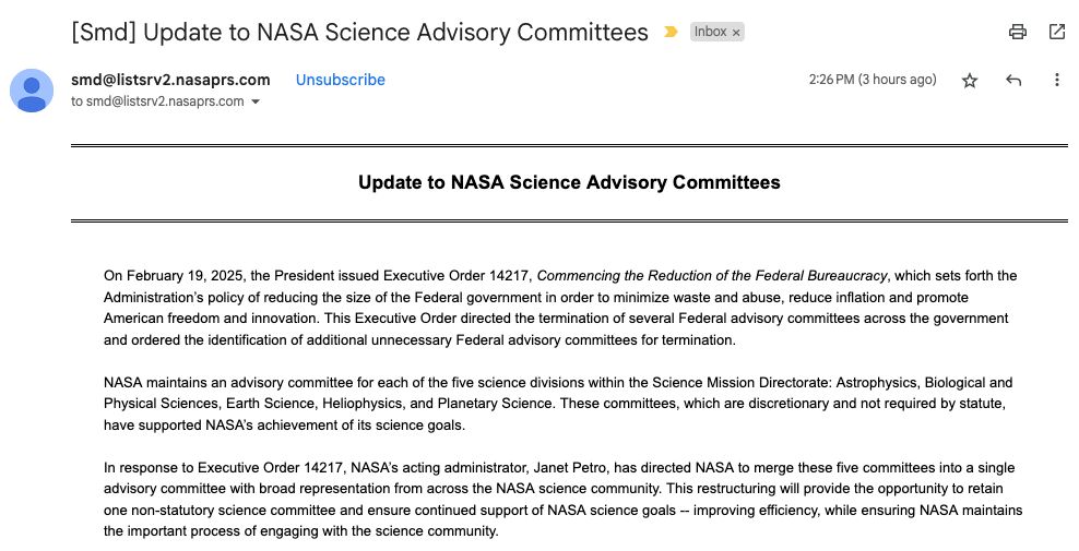 Screenshot showing an email from NASA SMD stating that the external advisory committees for the 5 NASA science divisions are being eliminated