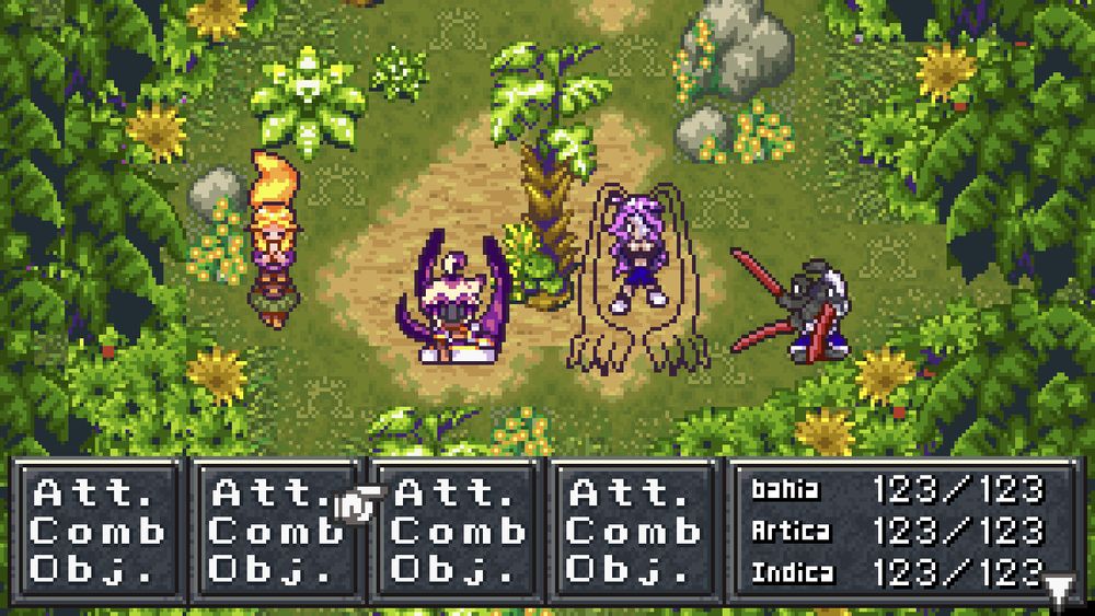 Alt versions of my Ocs (Bahia, a blonde girl with a straw hat; Artica, an armless girl with pink hair; Indica, a blind girl with a white, yellow and purple dress; Carib, a 4 arms guy with his face broken and orbiting near him) in Chrono Trigger Style