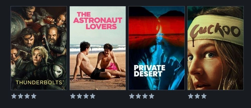 Print do Letterboxd mostra os filmes Thunderbolts (4 estrelas), Os Amantes Astronautas (4 estrelas), Deserto Particular (4 estrelas) e Cuckoo (3 estrelas)