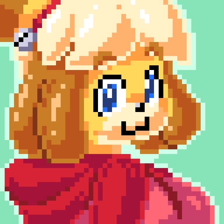 Iconic character "Isabelle" from Animal Crossing depicted with her coral red hoodie, looking back at the viewer. 