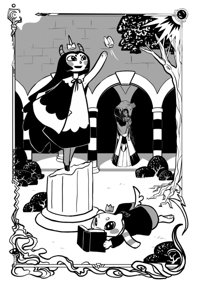 Family of four in a garden. Daughter is chasing a butterfly. Son is reading a book. Parents are hugging in the background. The mother and daughter have horns. The father and son are anthro dog people. (original)