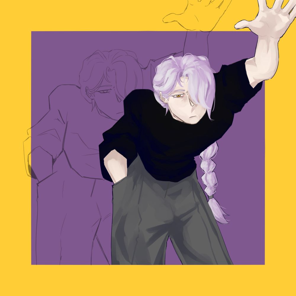 my oc, a boy with white hair made in one braid, wearing a black t-shirt and grey trousers, leaning towards the spectators with his arm up to have support. he has a dissatisfied face with a glimpse of shyness