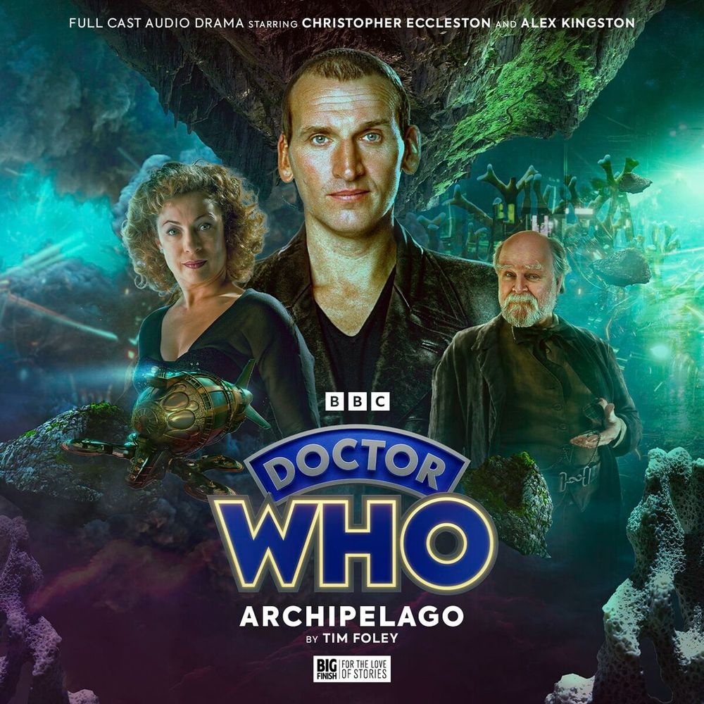 The cover of Doctor Who: Archipelago by Tim Foley. Three figures pose facing out in front of a sci-fi backdrop of storms and coral. On the left, River Song (Alex Kingston), in the middle, Doctor Who (Christopher Eccleston) and on the right, an eccentric looking older man with a beard and pocket watch (Trevor Cooper). There is a strange vessel in the foreground, and a coral station in the background hidden behind floating rocks.