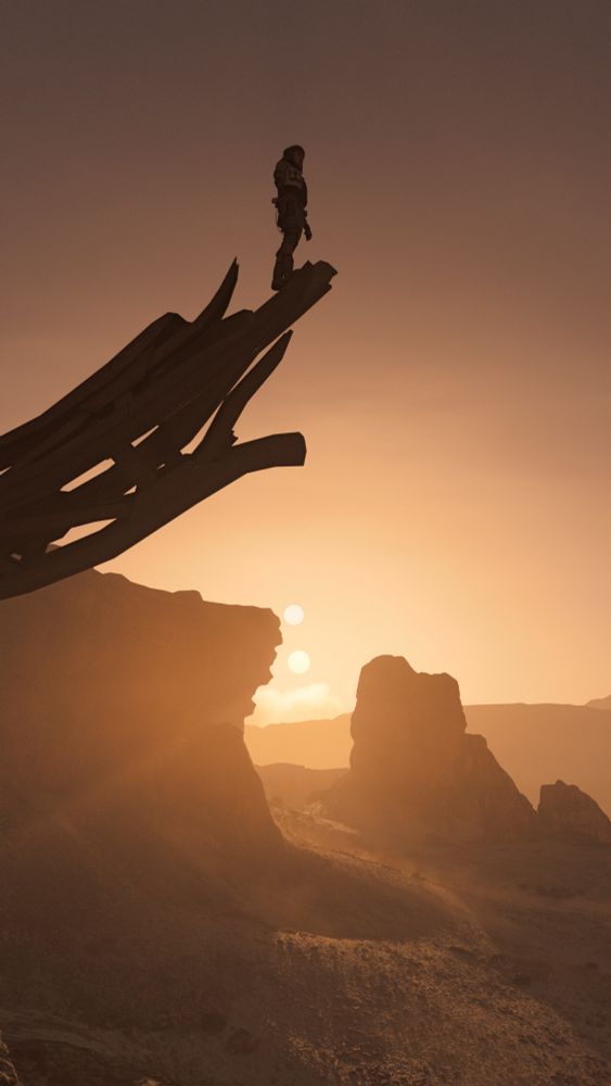 Kay Vess standing atop a protruding metal structure that rises high above the desert. The dual suns of the alien planet Tatooine are setting in the distance between two large rock outcroppings.