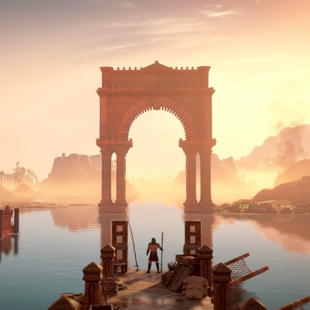 A soldier at the end of a pier guards the port with spear in hand. Across the water is a large arch that acts as a gate into the waterway.