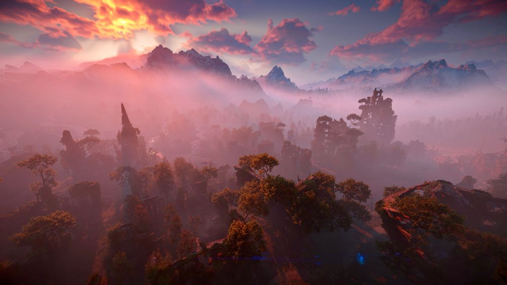 A big vantage point over an old abandoned city. Mountains in the background. The sunset is shining through the mist and casting long shadows across the city.