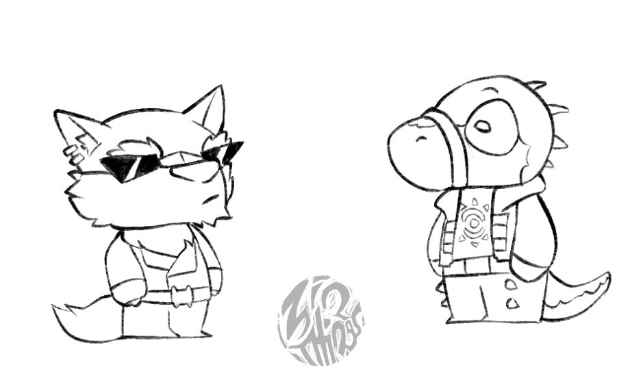 A drawing of Freddy and Daylon, two lads from Dislyte. They’re both drawn quite small, almost in the style of a Peanuts comic, chilling and looking at each other. Freddy looks unbothered, and Daylon seems to be curious about something. Two very pocket-sized fellas, all things considered.