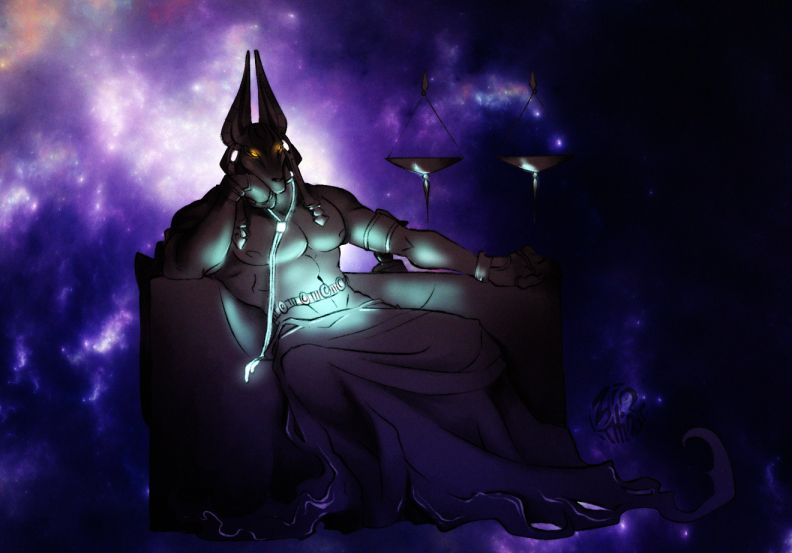 A colored drawing of Drew/Meta Drew from Dislyte. Drew is leaning back on a chair, his head resting on one arm while the other one relaxes on the armrest. His legs are splayed, the bandages around his hips covering anything sensitive, as well as dangling to the floor. There is a scale behind him, and everything is placed in front of a nebula for a background. He’s leaning back, his chest on display, his eyes glowing red as he presumably glares at you. The only other source of light is from his lower stomach, nearing his groin, where a belt and the blue cord around his neck dangle. You, uh… Either you’re about to be “taken care of”, or you are about to be -taken care of-.