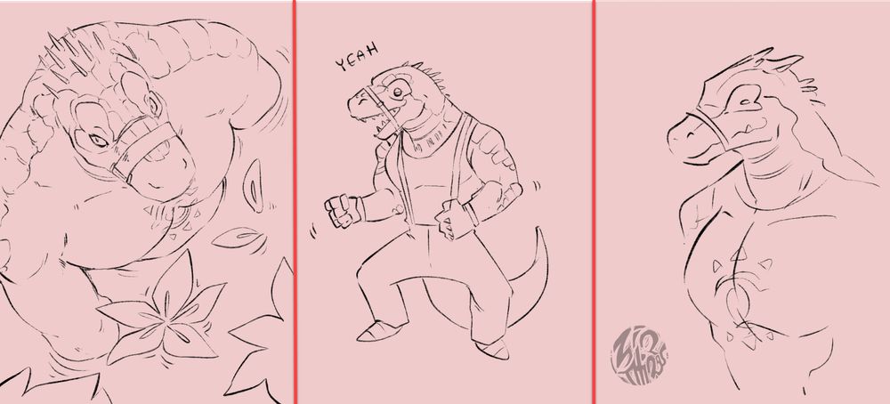 A few drawings of Daylon from Dislyte. Starting from the left, he’s drawn from overhead sitting in a pool of water, plants and leaves floating around him. He looks up at the camera, his eyes giving him the impression of a startled puppy. The angle shows off his broad shoulders and plump chest. In the middle, there is a sketch featuring Daylon in some slacks, suspenders, and a tank top. He is doing a little jig, moving his arms and squatting a bit. The word “yeah” is written over his head. On the right is a simpler drawing of Daylon, picturing him shirtless from the waist up. His chest and neck is on display, and he’s smiling as per usual.