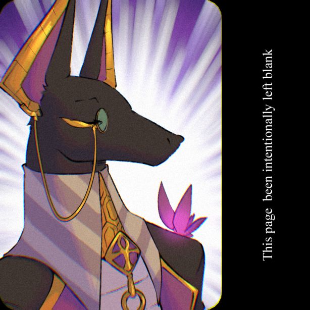A drawing of Drew from Dislyte, but for usage in a card game created by Zinthings and Aquaticus called “No U”, produced for Zin’s birthday. He’s standing with his eyes closed, facing to the right, wearing his usual outfit from the game. He’s visible from the chest up, giving us a good view of his collar and gorget, his lapels, his monocle, and his ears that stretch just a bit off the top of the drawing. There is a purple butterfly resting on his shoulder. Behind him, there is a soft radiating purple color. On the right, there is a black box with the text “This page been intentionally left blank”. 